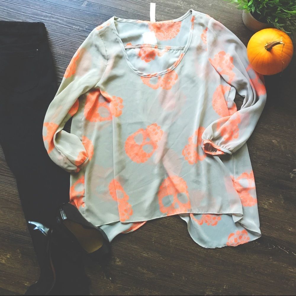 Sugar Skull Tunic Open Back Shirt Neon Nude NWT